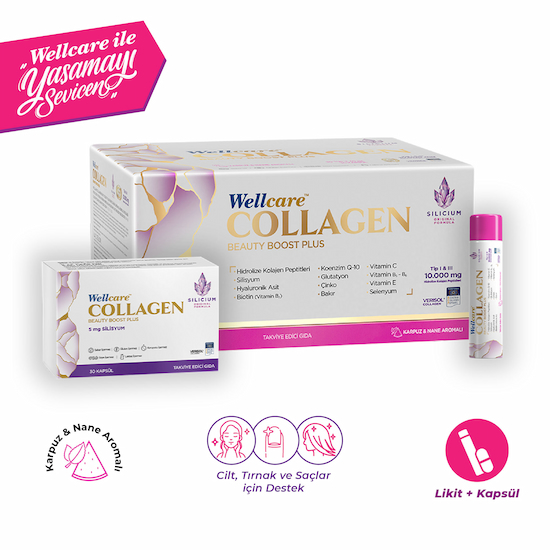Wellcare Collagen Beauty Boost Plus Karpuz Nane Aromalı 10.000 mg Likit Form - 30 Tüp ve 30 Silisyum Kapsül